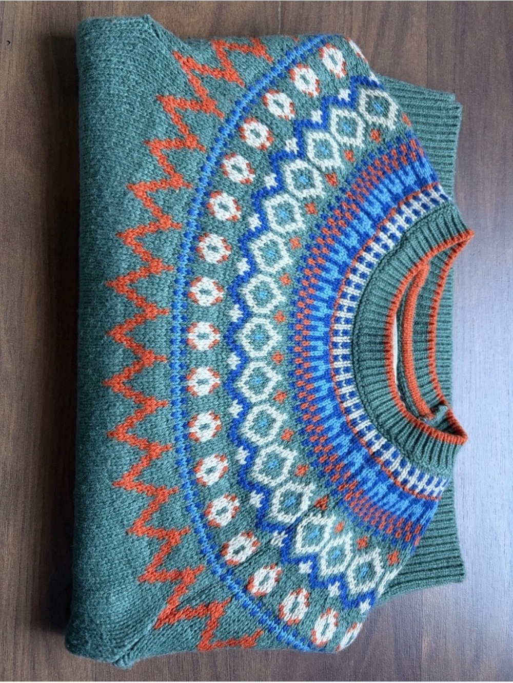 Mini Boden Boys Girls Green Fair Isle Crewneck Sweater 6-7Y